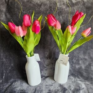NWT summer pink Tulip Floral Arrangement in White Ceramic Pot, 17", home decor